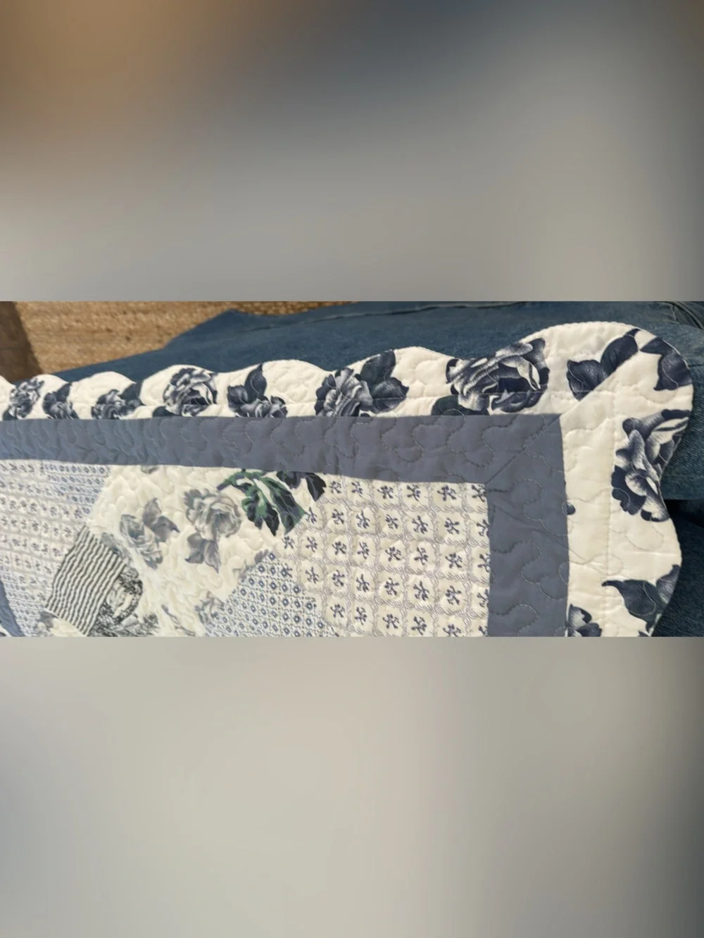1 Classic Blue & White Floral Quilted King Pillow Sham